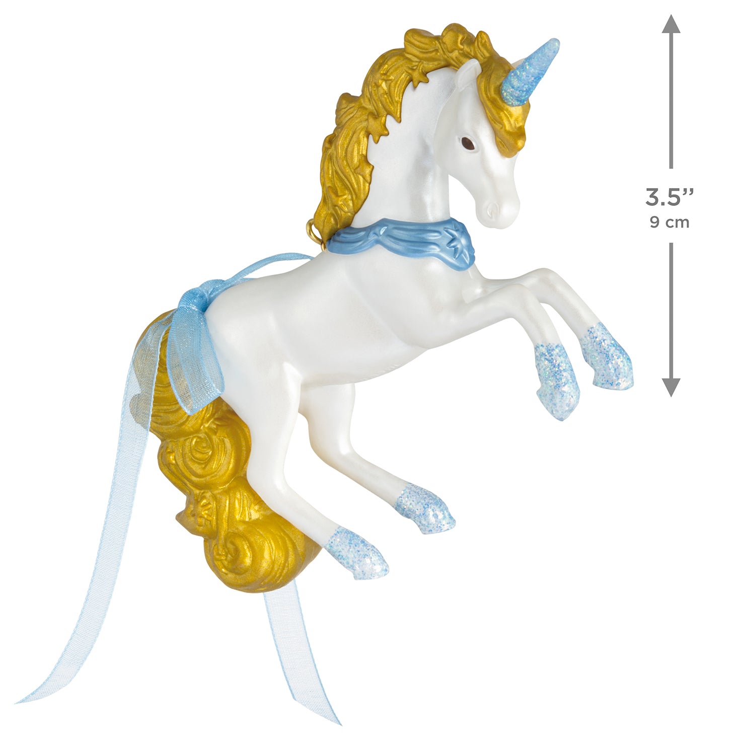 Celestial Unicorn — 2026 Hallmark Keepsake Christmas Ornament, white unicorn with gold mane, ribbon bow, and glittery hooves, angled view.