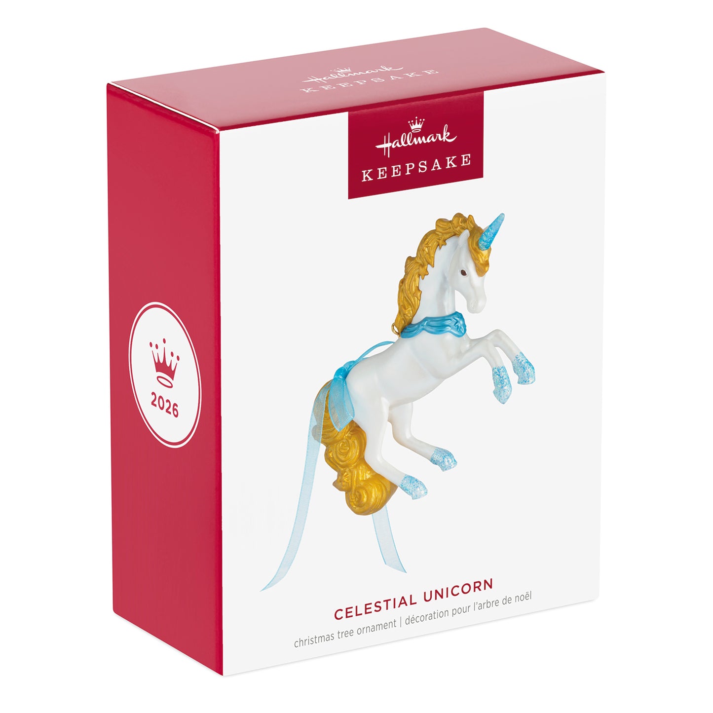 Celestial Unicorn — 2026 Hallmark Keepsake Christmas Ornament packaging box with colourful design and shiny details.