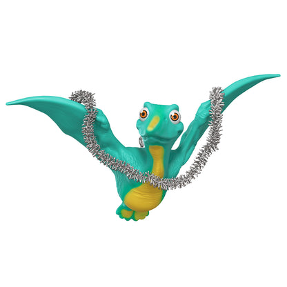 Ptinseldactyl — 2026 Hallmark Keepsake Christmas Ornament, colourful Pterodactyl with silver tinsel garland, front view.
