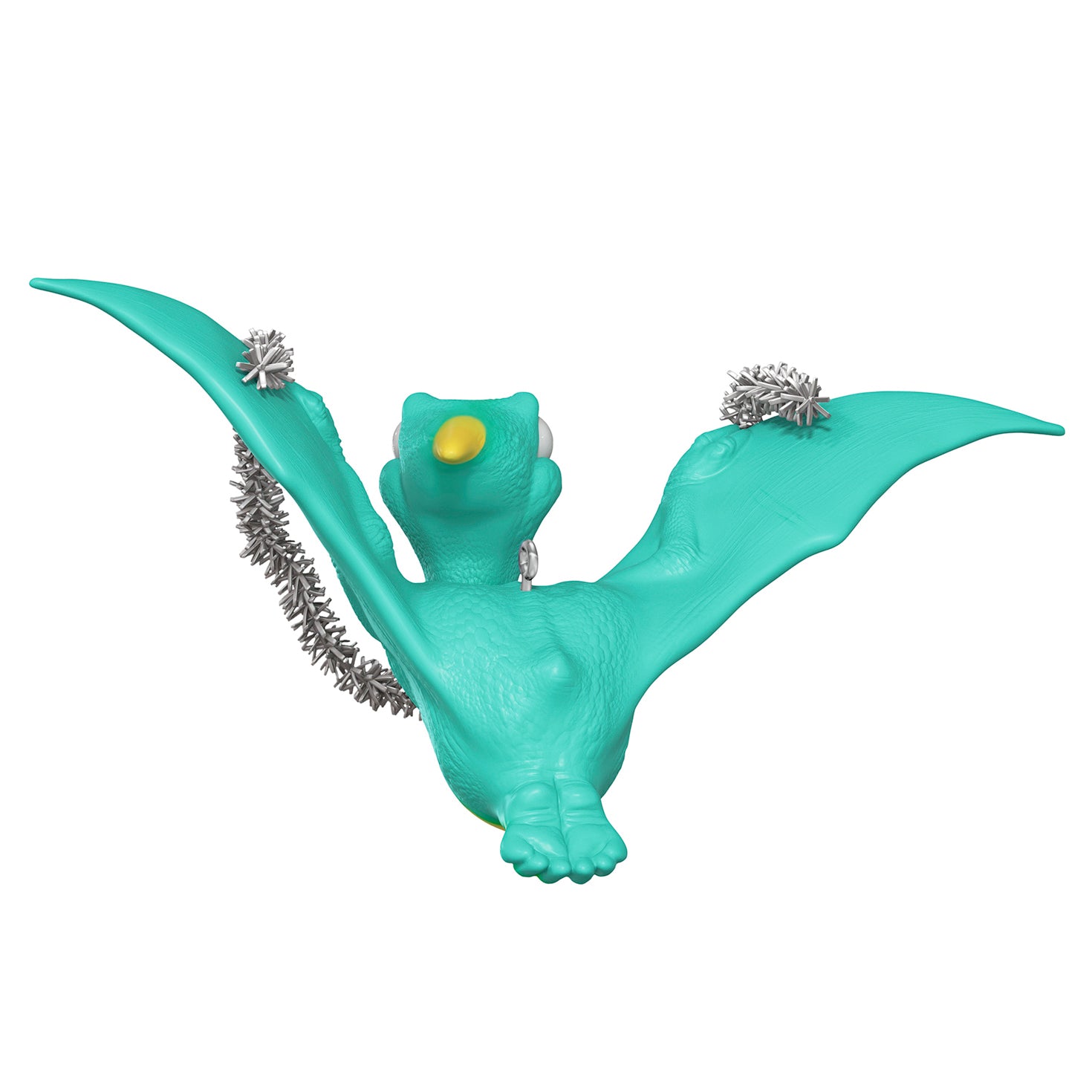 Ptinseldactyl — 2026 Hallmark Keepsake Christmas Ornament in turquoise with silver tinsel detail, captured in mid-flight position.