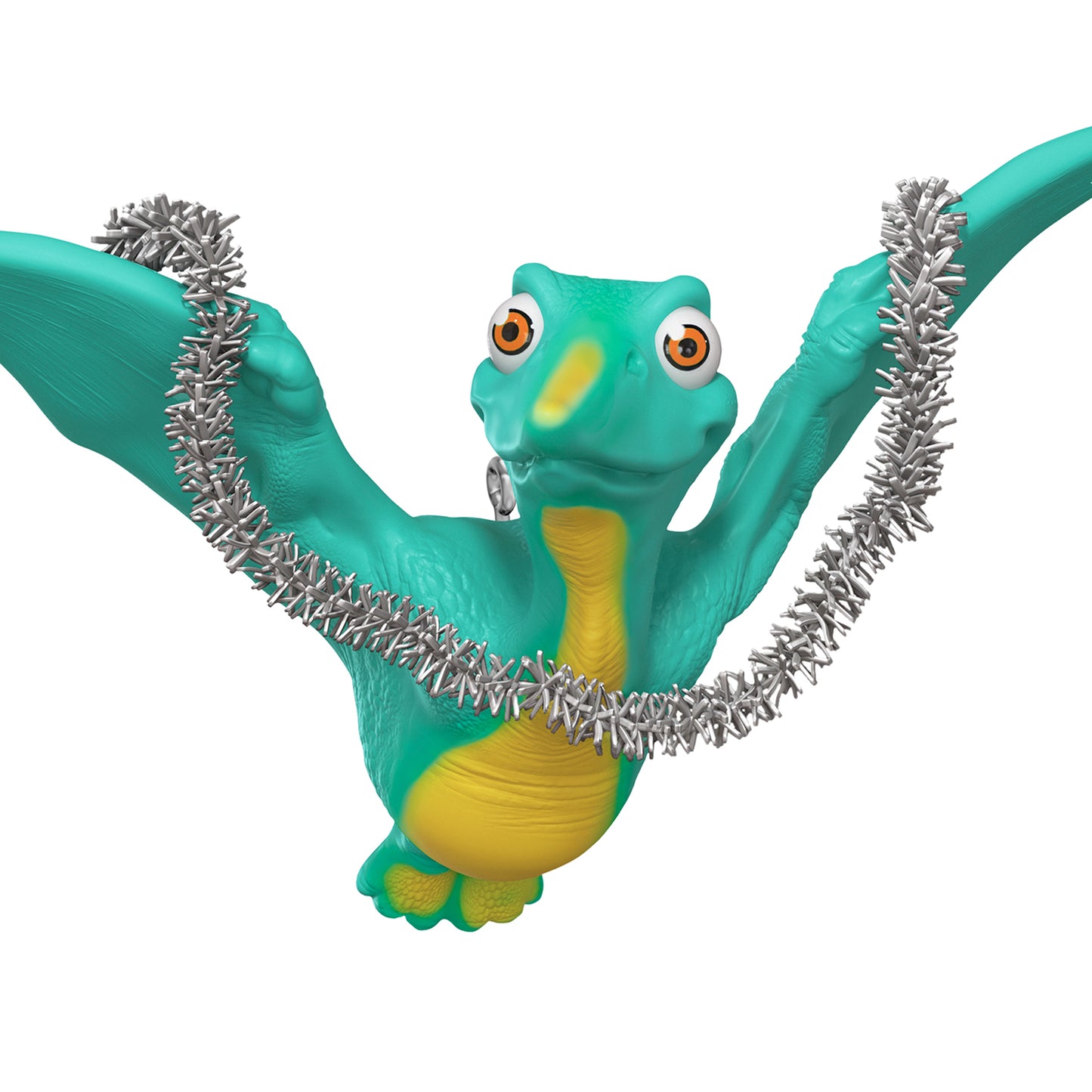 Ptinseldactyl — 2026 Hallmark Keepsake Christmas Ornament, vibrant green and yellow Pterodactyl adorned with silver tinsel garland, front view.
