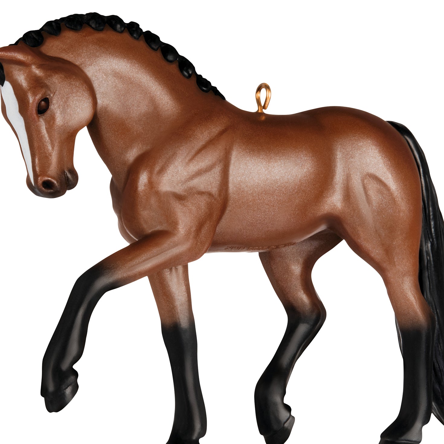Warmblood Dream Horse — 2026 Hallmark Keepsake Christmas Ornament in light bay colour with intricate braided mane, side view.
