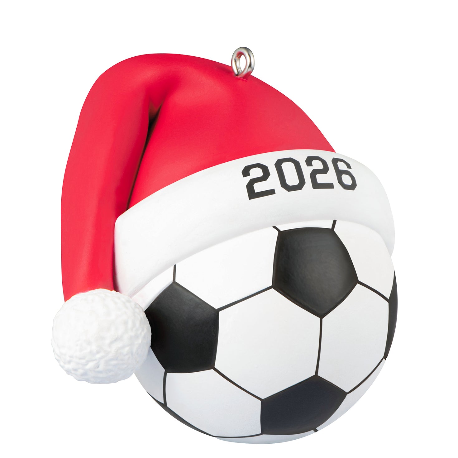 Soccer Star 2026 — 2026 Hallmark Keepsake Christmas Ornament featuring a soccer ball with a red Santa hat and year detail.