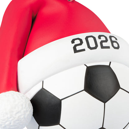 Soccer Star 2026 — 2026 Hallmark Keepsake Christmas Ornament featuring a soccer ball with a Santa hat, detailed design and year date.