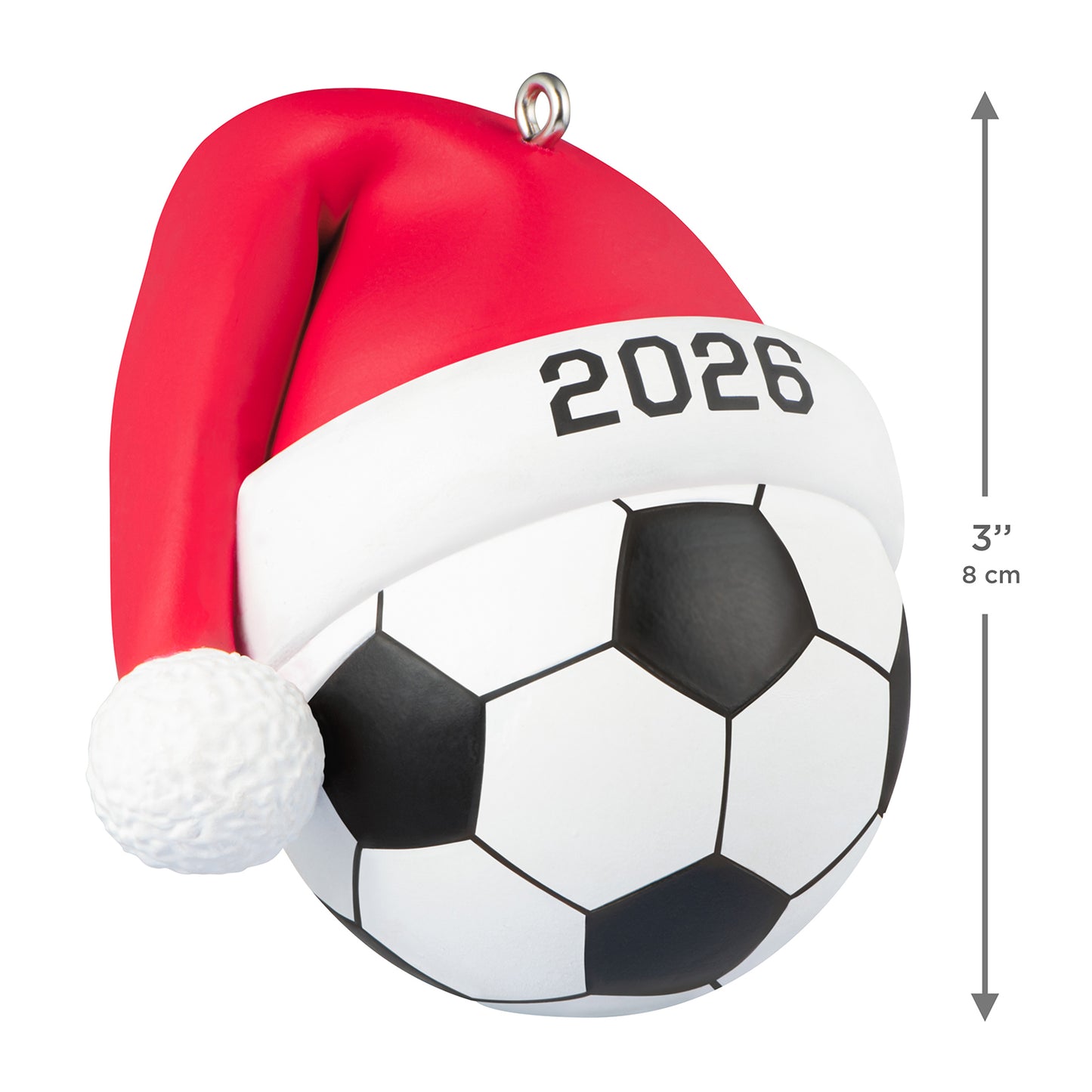 Soccer Star 2026 — 2026 Hallmark Keepsake Christmas Ornament featuring a soccer ball with a red Santa hat and fluffy pom-pom, 8 cm.