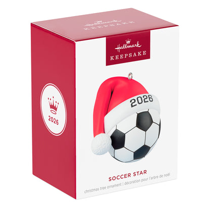 Soccer Star 2026 — 2026 Hallmark Keepsake Christmas Ornament in festive packaging featuring a soccer ball with a Santa hat.