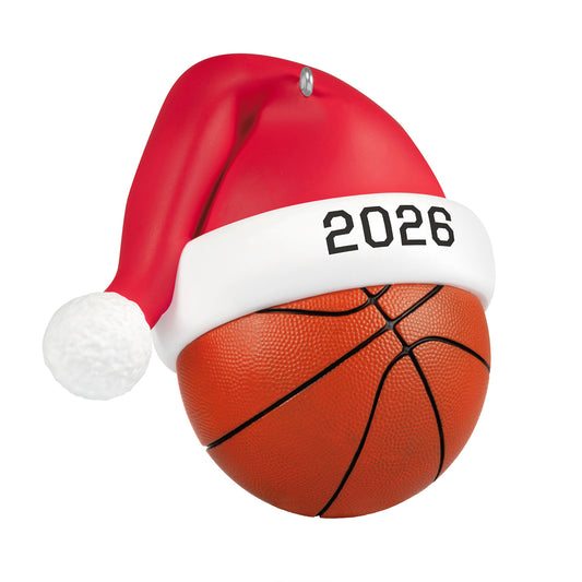 Basketball Star 2026 — 2026 Hallmark Keepsake Christmas Ornament featuring a basketball with Santa hat, detailed design for festive decor.