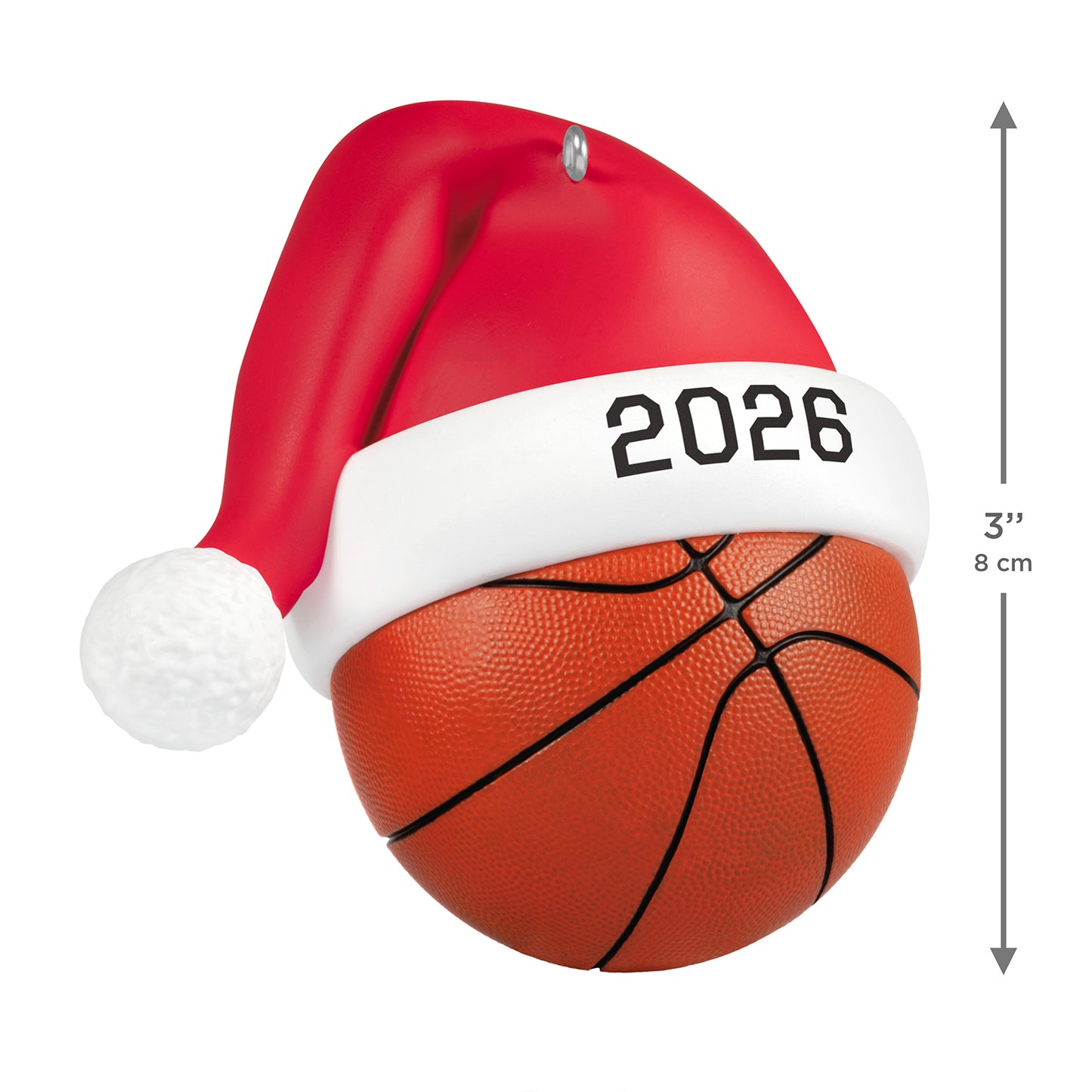 Basketball Star 2026 — 2026 Hallmark Keepsake Christmas Ornament featuring a basketball with Santa hat, close up detail, 8 cm size.