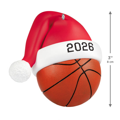Basketball Star 2026 — 2026 Hallmark Keepsake Christmas Ornament featuring a basketball with Santa hat, close up detail, 8 cm size.