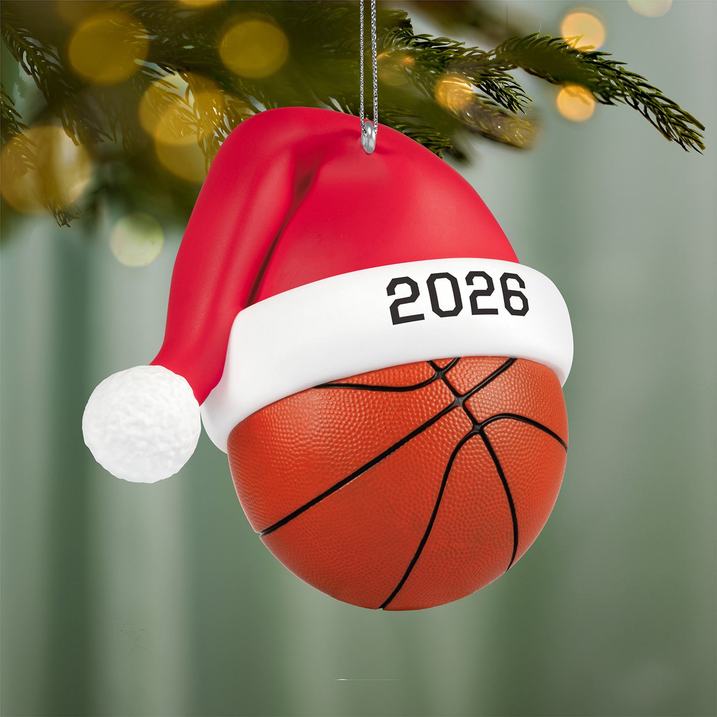 Basketball Star 2026 — 2026 Hallmark Keepsake Christmas Ornament featuring a basketball with a Santa hat, detailed front view.