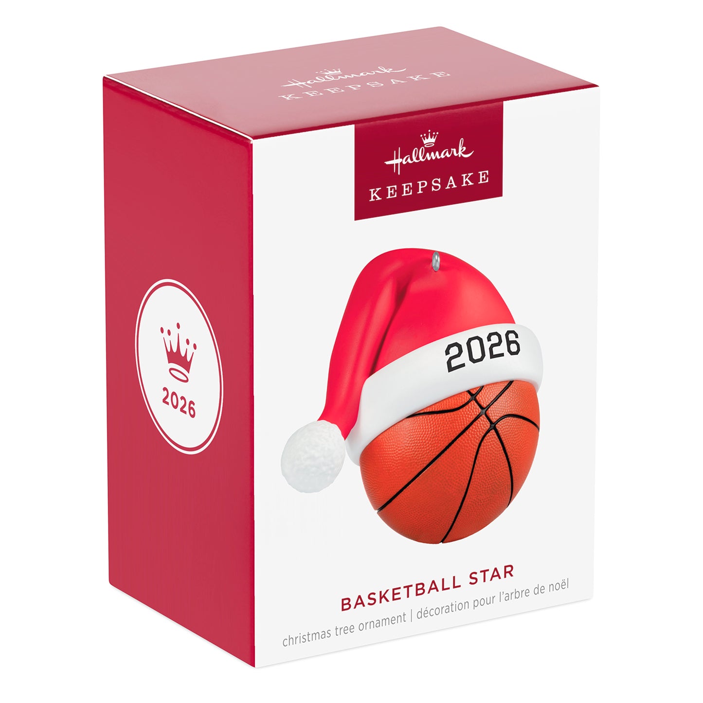 Basketball Star 2026 — 2026 Hallmark Keepsake Christmas Ornament, red gift box with festive design and a Santa hat detail.