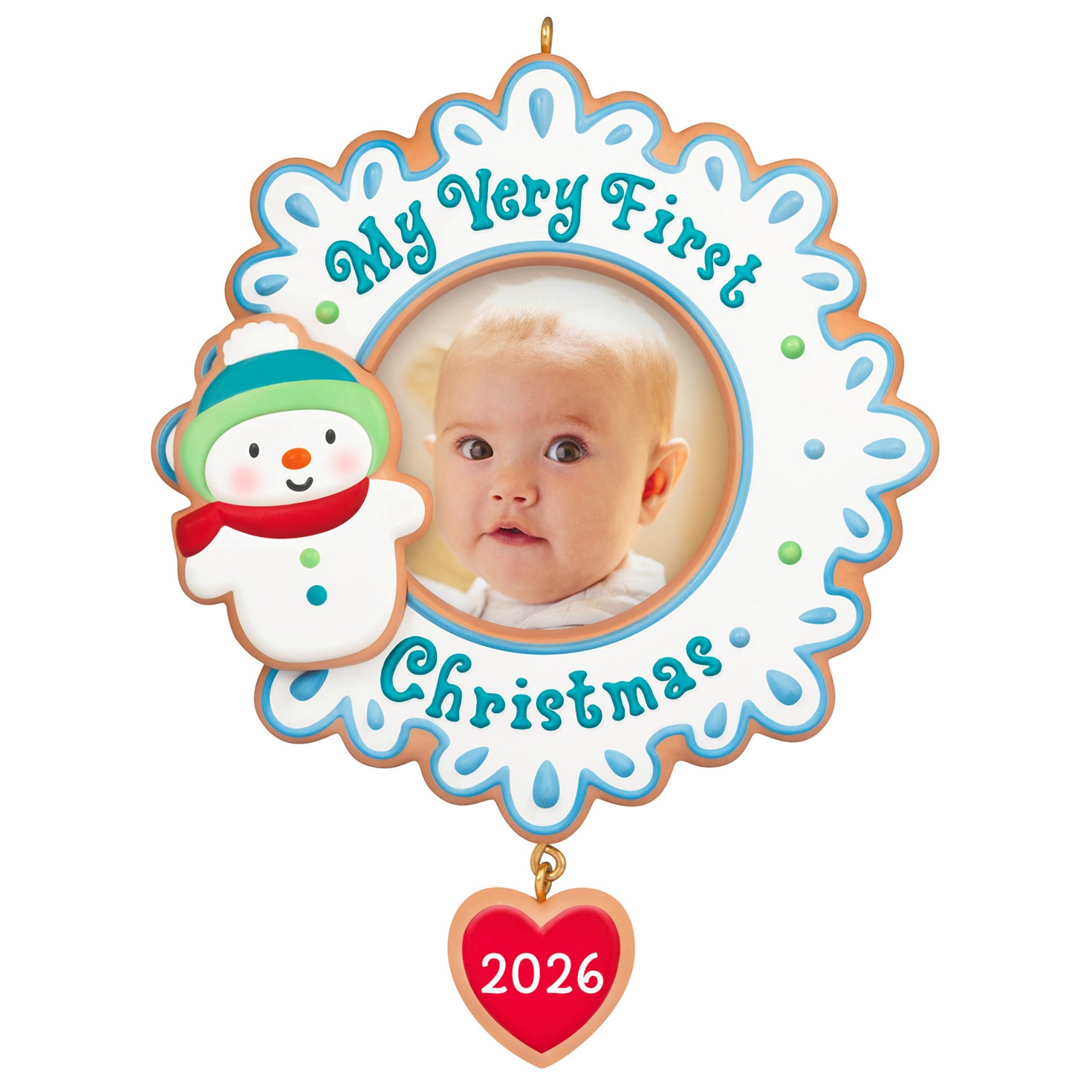 My Very First Christmas 2026 Photo Frame — 2026 Hallmark Keepsake Christmas Ornament featuring a snowflake design and a snowman with a baby photo opening.