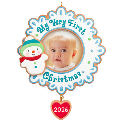My Very First Christmas 2026 Photo Frame — 2026 Hallmark Keepsake Christmas Ornament featuring a snowflake design and a snowman with a baby photo opening.