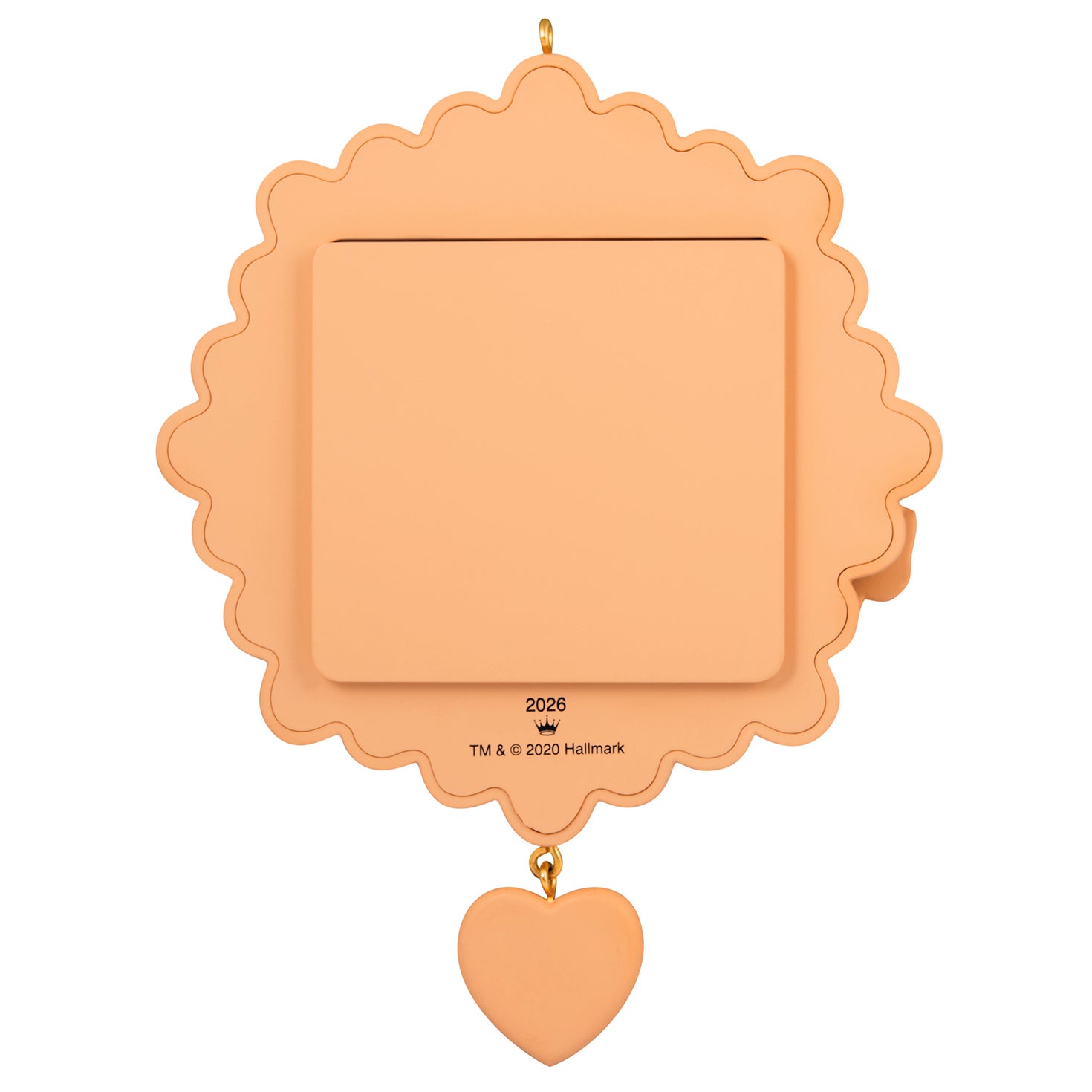 My Very First Christmas 2026 Photo Frame — 2026 Hallmark Keepsake Christmas Ornament in light peach, featuring a heart dangle and smooth surface.