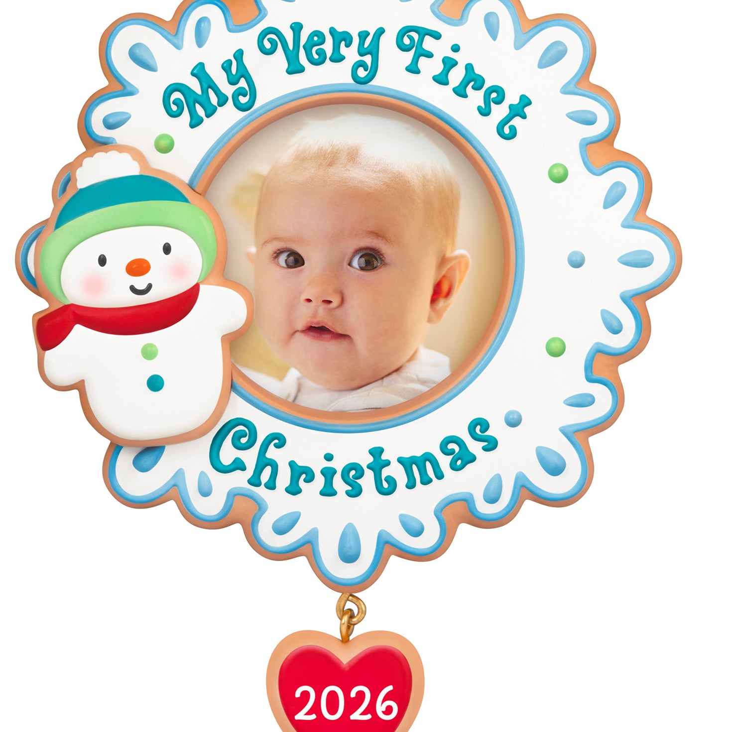 My Very First Christmas 2026 photo frame — 2026 Hallmark Keepsake Christmas Ornament with a snowman design and heart dangle