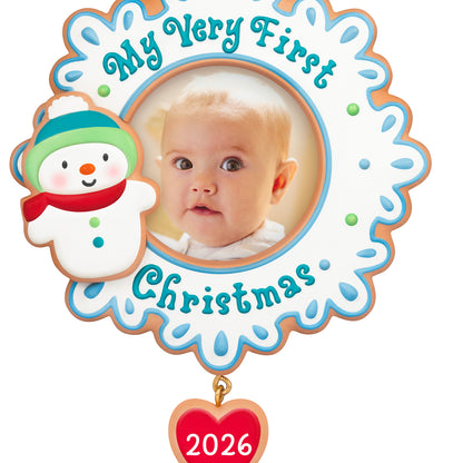 My Very First Christmas 2026 photo frame — 2026 Hallmark Keepsake Christmas Ornament with a snowman design and heart dangle