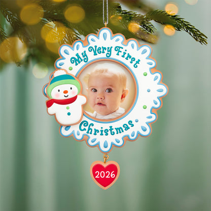 My Very First Christmas 2026 photo frame — 2026 Hallmark Keepsake Christmas Ornament in snowflake design with baby photo opening.