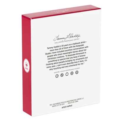 My Very First Christmas 2026 Photo Frame — 2026 Hallmark Keepsake Christmas Ornament, back view showing artist bio and details.