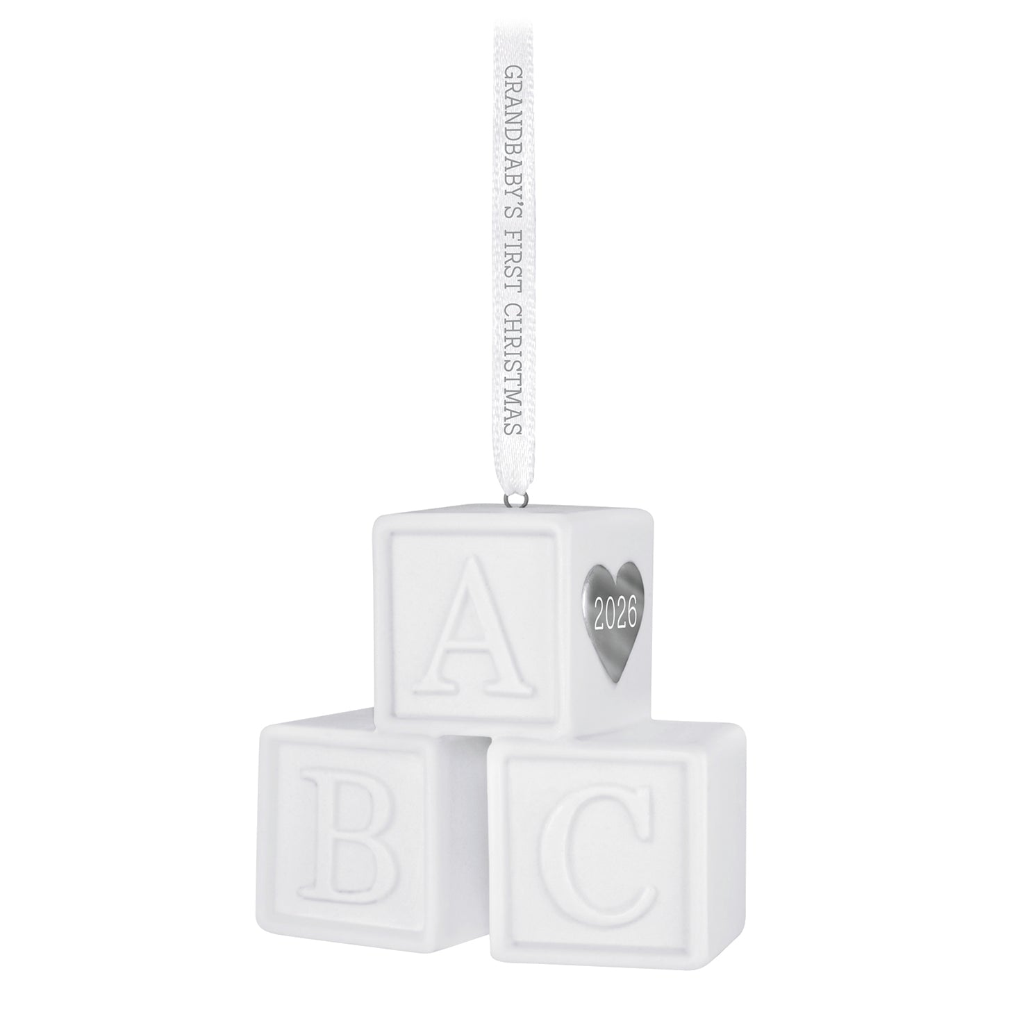 Grandbaby's First Christmas Blocks 2026, porcelain — 2026 Hallmark Keepsake Christmas Ornament with a silver heart and detailed ribbon