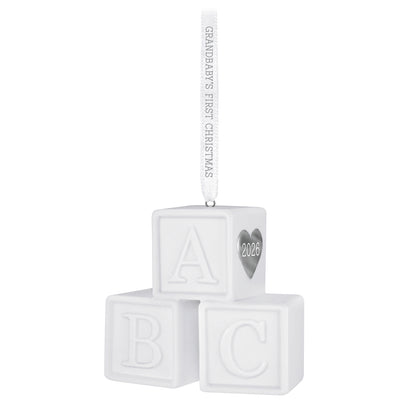Grandbaby's First Christmas Blocks 2026, porcelain — 2026 Hallmark Keepsake Christmas Ornament with a silver heart and detailed ribbon