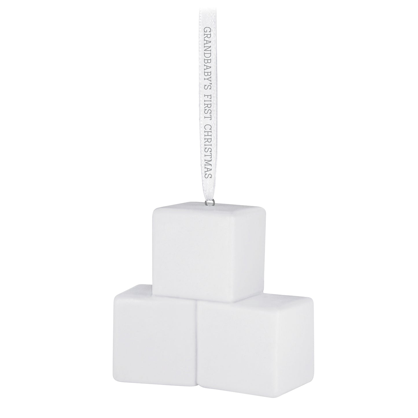Grandbaby's First Christmas Blocks 2026, porcelain ornament showcasing a stacked block design with a silver hanging ribbon.