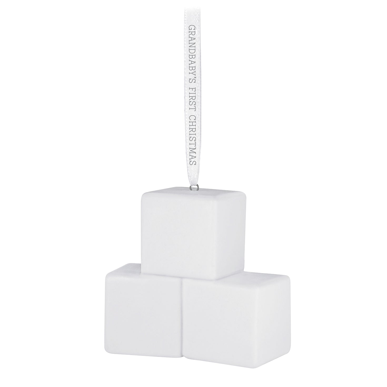 Grandbaby's First Christmas Blocks 2026, porcelain ornament showcasing a stacked block design with a silver hanging ribbon.