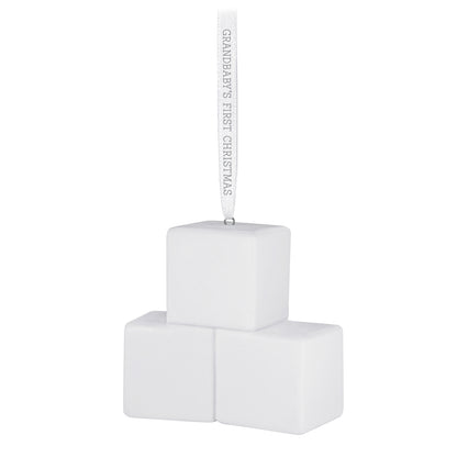 Grandbaby's First Christmas Blocks 2026, porcelain ornament showcasing a stacked block design with a silver hanging ribbon.