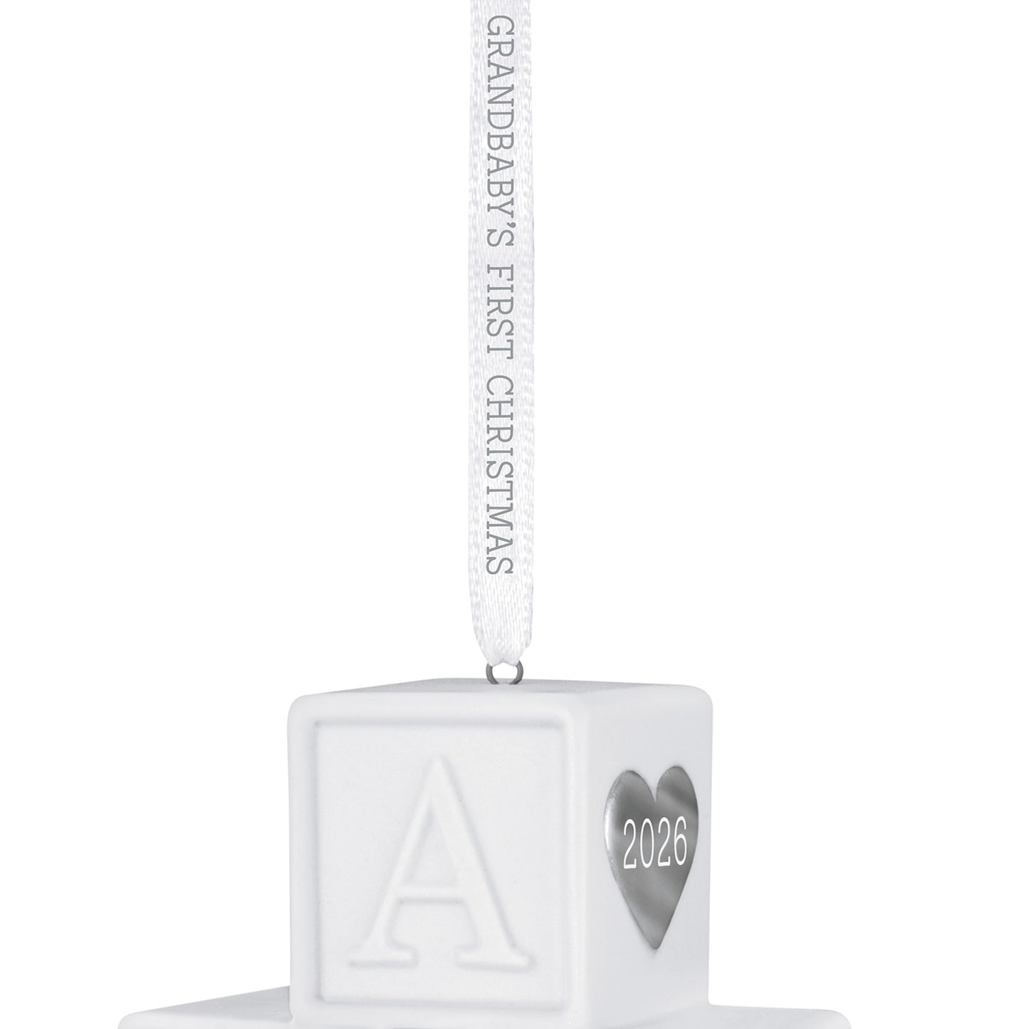 Grandbaby's First Christmas Blocks 2026, porcelain ornament with silver heart detail, close-up view, Hallmark Keepsake.