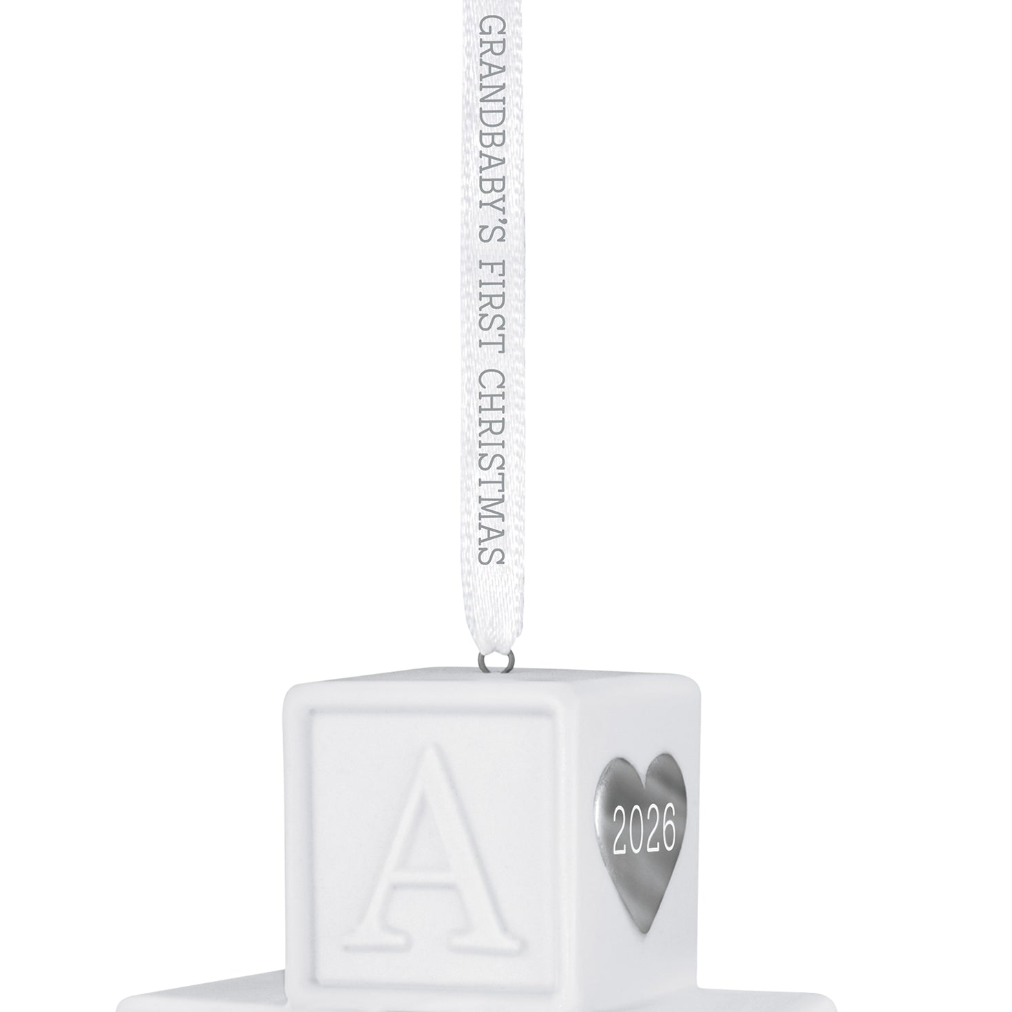 Grandbaby's First Christmas Blocks 2026, porcelain ornament with silver heart detail, close-up view, Hallmark Keepsake.