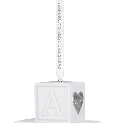 Grandbaby's First Christmas Blocks 2026, porcelain ornament with silver heart detail, close-up view, Hallmark Keepsake.