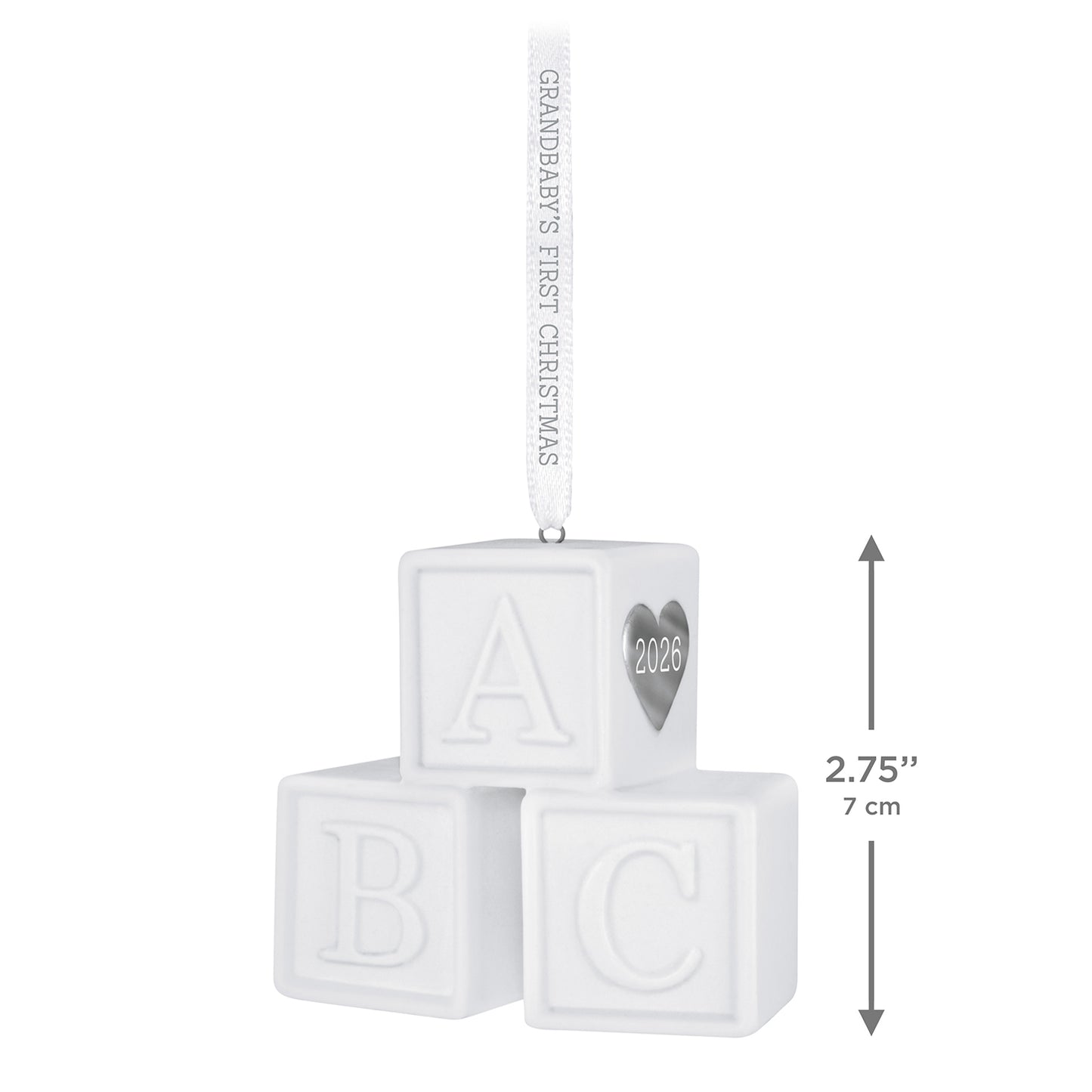 Grandbaby's First Christmas Blocks 2026, porcelain ornament with toy alphabet blocks and a silver heart detail, measuring 7 cm.