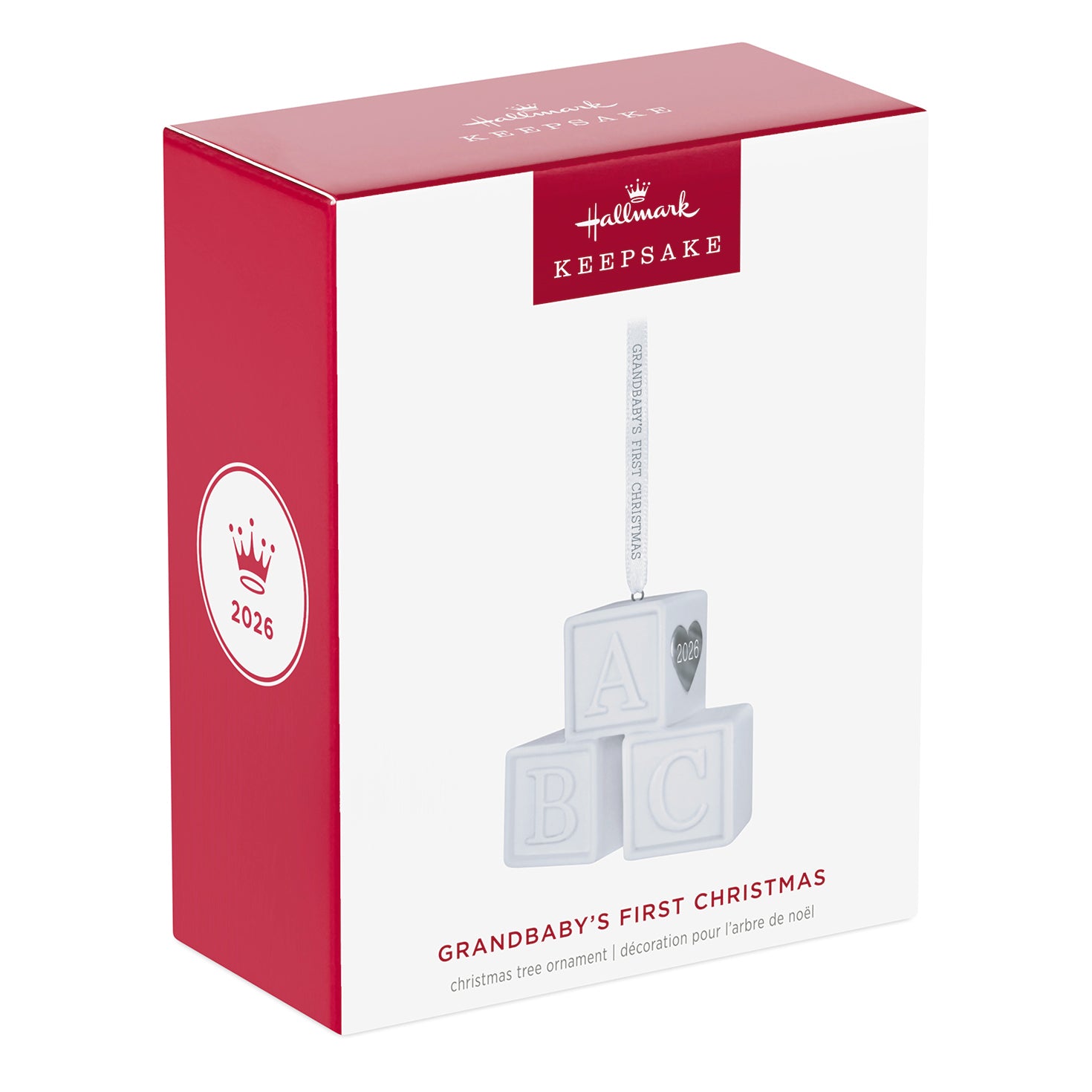 Grandbaby's First Christmas Blocks 2026, Porcelain — 2026 Hallmark Keepsake Christmas Ornament in gift box, featuring white alphabet blocks.