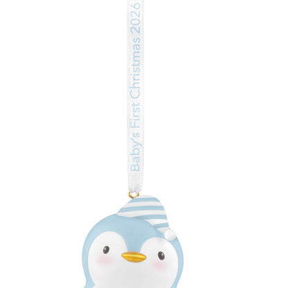 Baby Boy's First Christmas Penguin 2026 — 2026 Hallmark Keepsake Christmas Ornament with snowflake detail and hanging ribbon.
