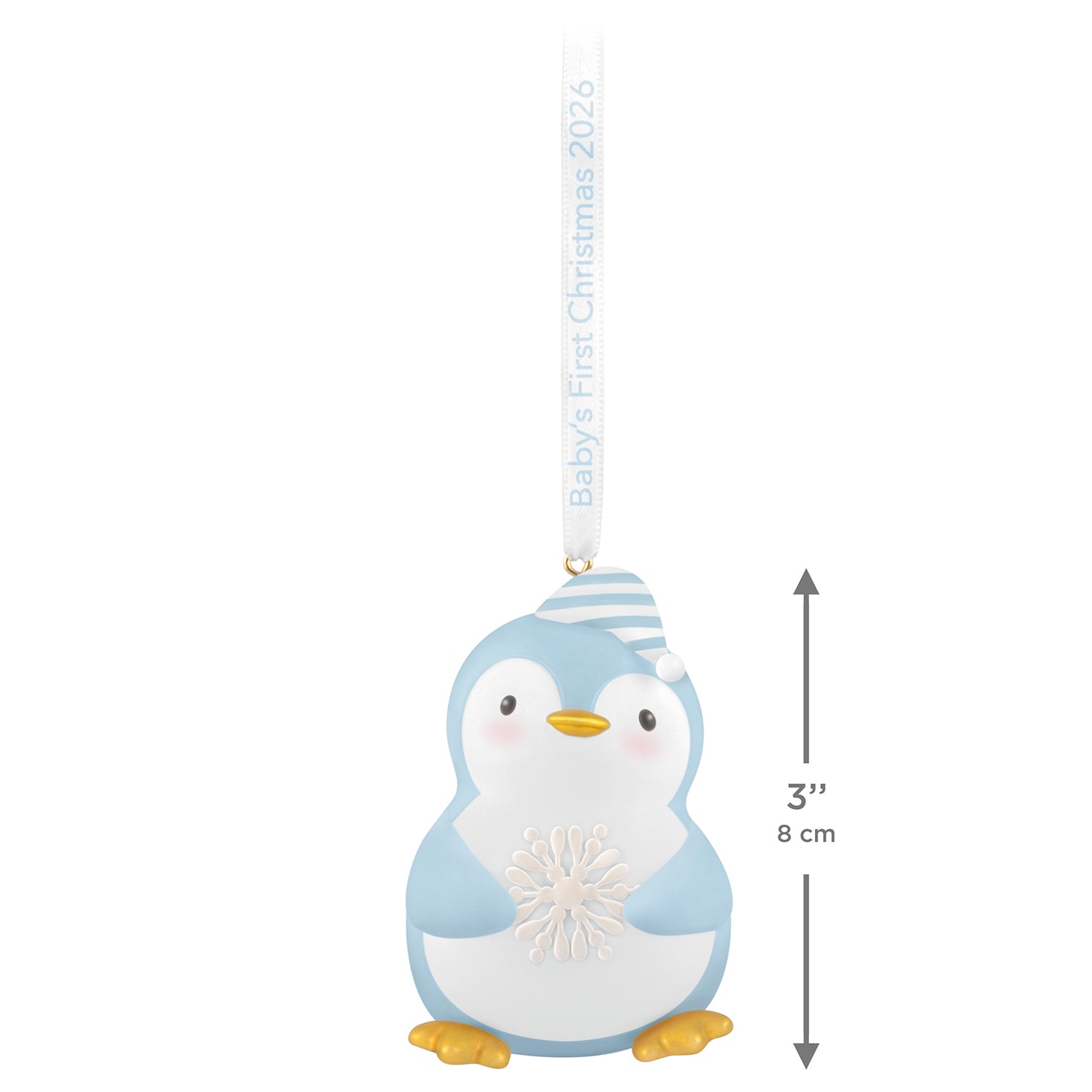 Baby Boy's First Christmas Penguin 2026 — 2026 Hallmark Keepsake Christmas Ornament, blue penguin design with snowflake detail, hung with ribbon.