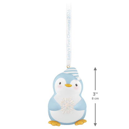 Baby Boy's First Christmas Penguin 2026 — 2026 Hallmark Keepsake Christmas Ornament, blue penguin design with snowflake detail, hung with ribbon.