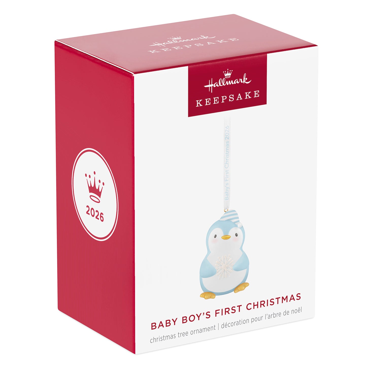Baby boy's first Christmas Penguin 2026 — 2026 Hallmark Keepsake Christmas Ornament in gift packaging with red box design.