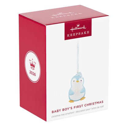 Baby boy's first Christmas Penguin 2026 — 2026 Hallmark Keepsake Christmas Ornament in gift packaging with red box design.