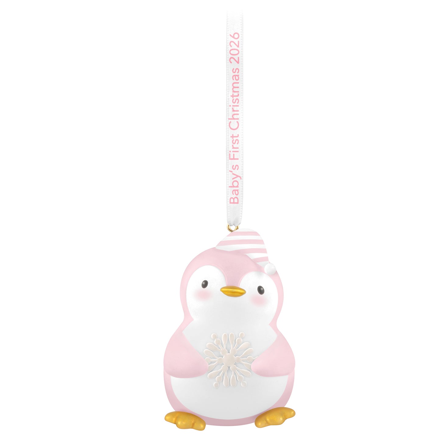 Baby girl's first Christmas penguin 2026 ornament, pink and white, featuring a snowflake and striped cap, hung with a ribbon.