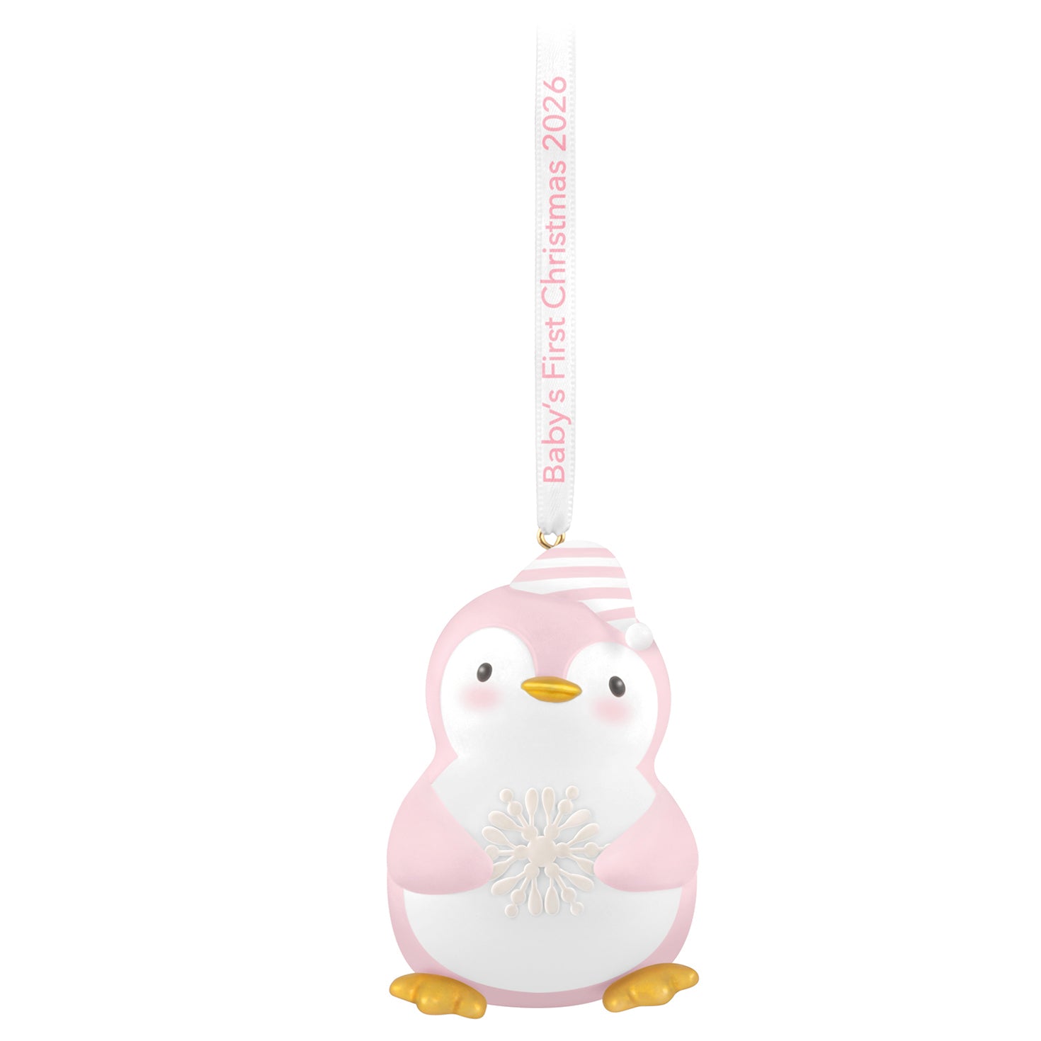 Baby girl's first Christmas penguin 2026 ornament, pink and white, featuring a snowflake and striped cap, hung with a ribbon.