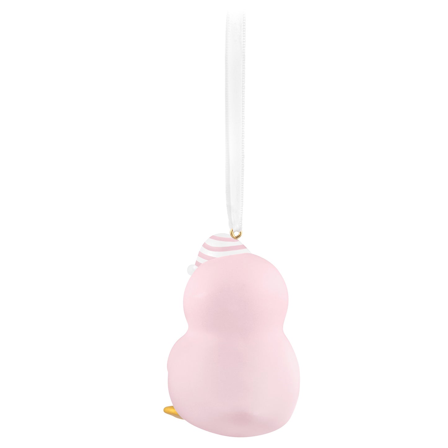 Baby girl's first Christmas penguin 2026 — 2026 Hallmark Keepsake Christmas Ornament in pink with striped hat, back view.