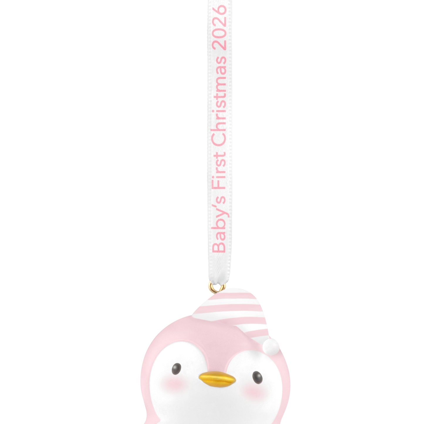 Baby girl's first Christmas penguin 2026 Christmas ornament in pink and white with a striped hat and commemorative ribbon detail.