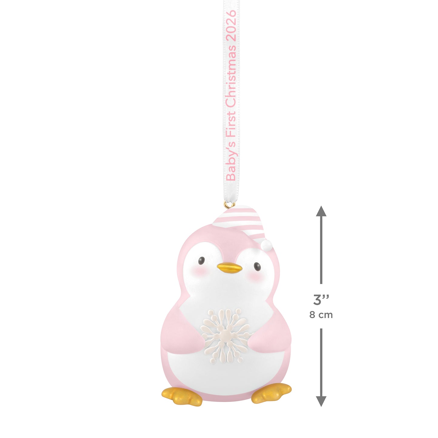 Baby girl's first Christmas Penguin 2026 ornament in pink and white with striped hat and snowflake detail, measuring 8 cm.