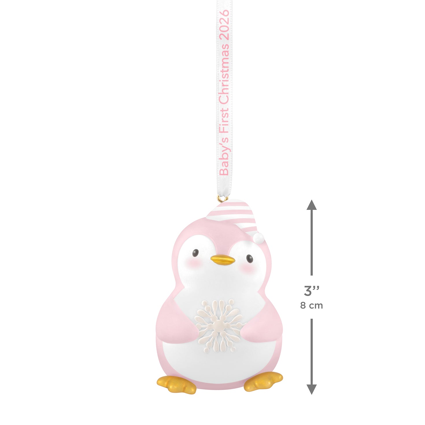 Baby girl's first Christmas Penguin 2026 ornament in pink and white with striped hat and snowflake detail, measuring 8 cm.