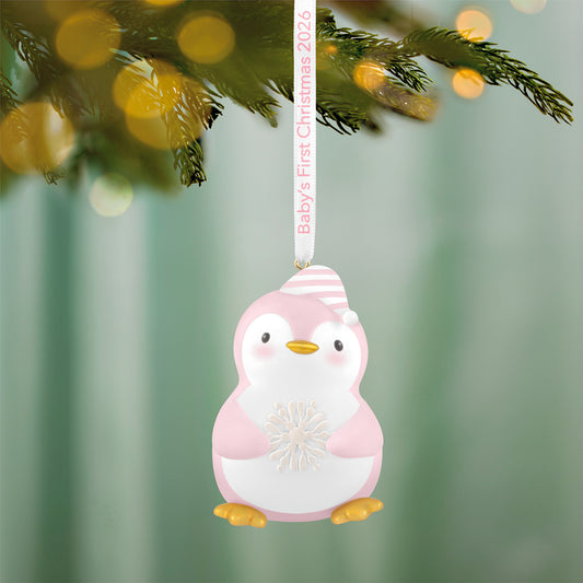 Baby girl's first Christmas Penguin 2026 — 2026 Hallmark Keepsake Christmas Ornament, pink and white with a snowflake detail.