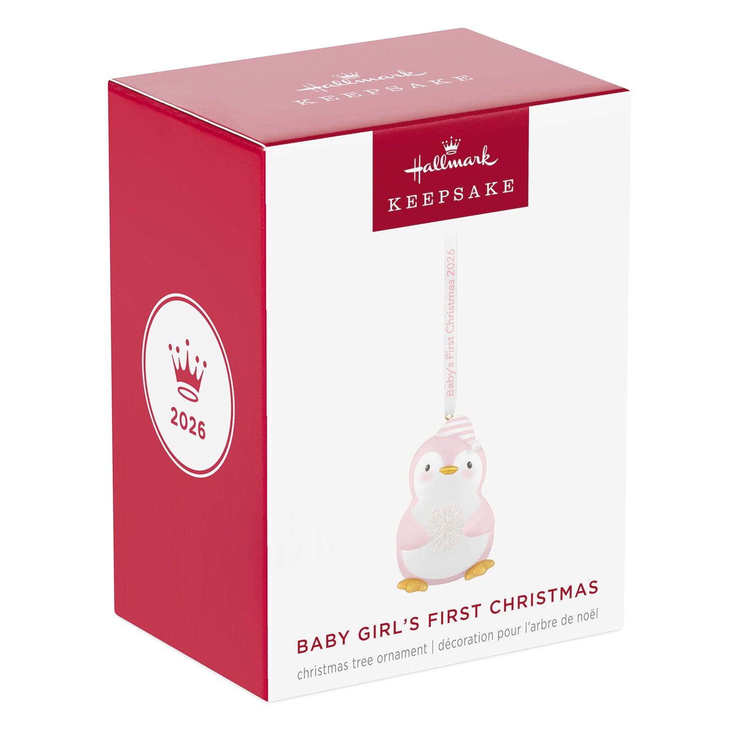 Baby girl's first Christmas Penguin 2026 — 2026 Hallmark Keepsake Christmas Ornament in packaging with pink and white design.