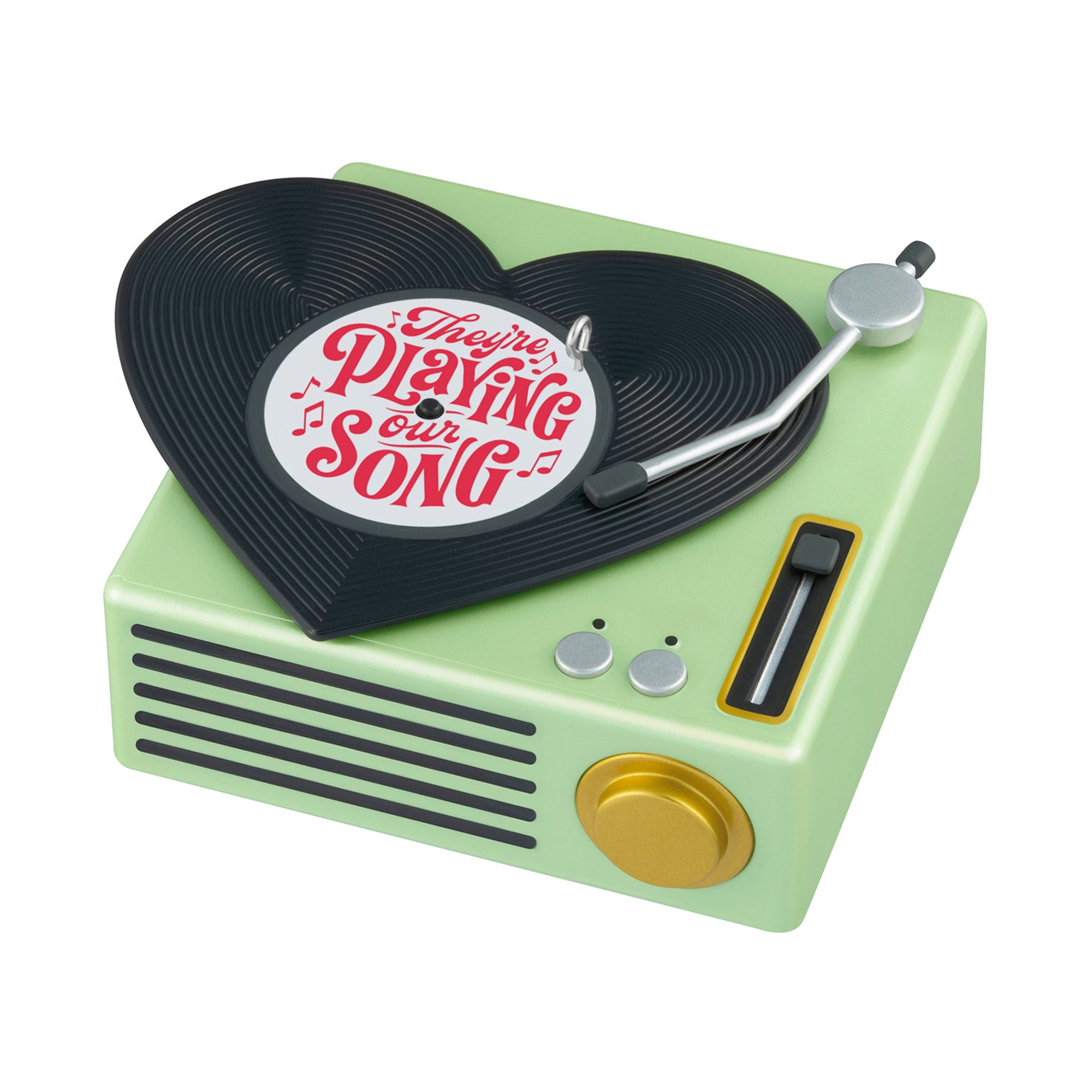 They're playing our song — 2026 Hallmark Keepsake Christmas Ornament, mint green record player with heart-shaped vinyl detail.