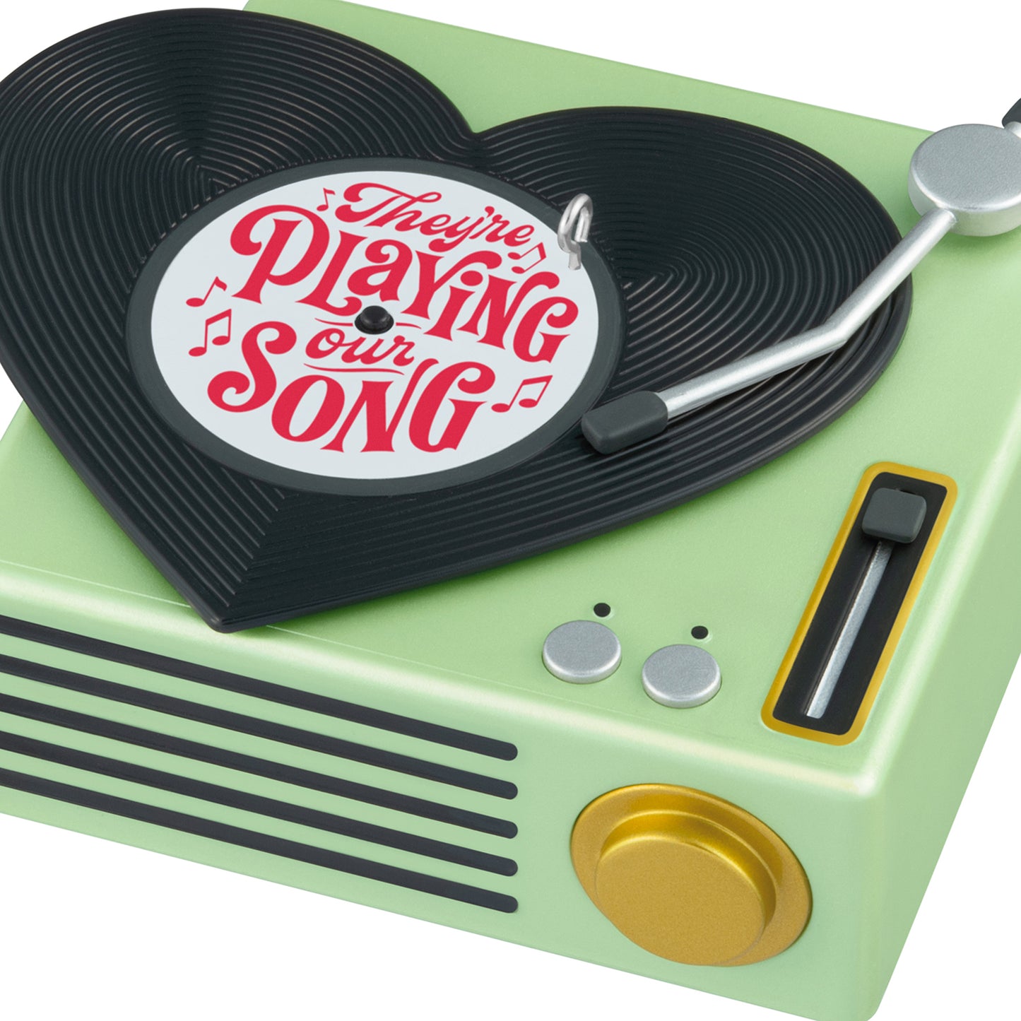 They're Playing Our Song — 2026 Hallmark Keepsake Christmas Ornament featuring a mint green record player with heart-shaped vinyl detail.