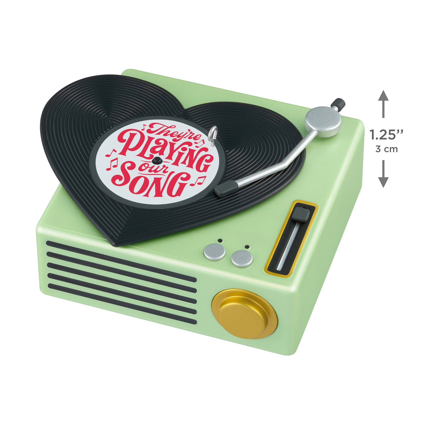 They're Playing Our Song — 2026 Hallmark Keepsake Christmas Ornament, mint green record player with heart-shaped vinyl detail.