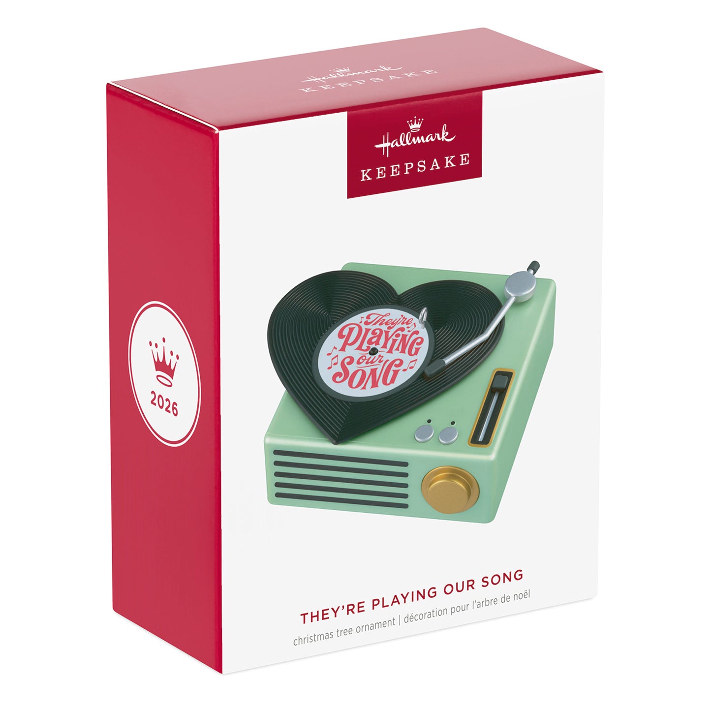 They're playing our song — 2026 Hallmark Keepsake Christmas ornament, mint green record player in gift box packaging.