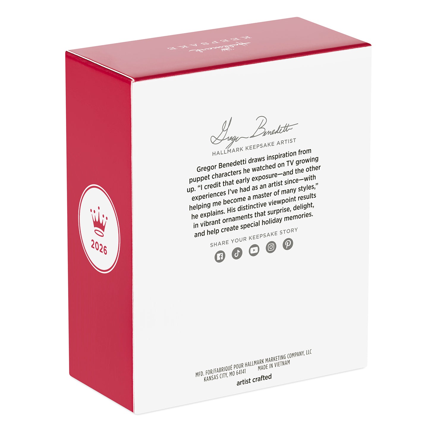 They're playing our song — 2026 Hallmark Keepsake Christmas Ornament box back view, featuring artist details and red packaging.